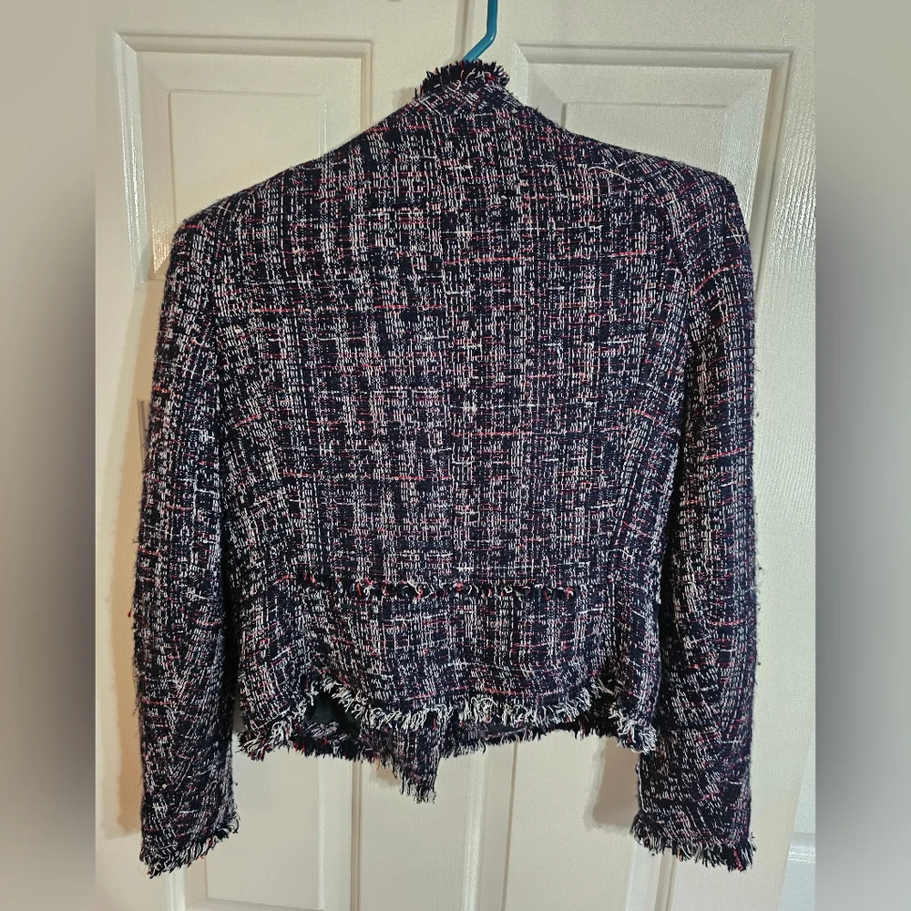 Zara Basic Navy Tweed Moto Jacket M Chanel-Inspired Raw Fringe Investment Piece - Picture 3 of 8